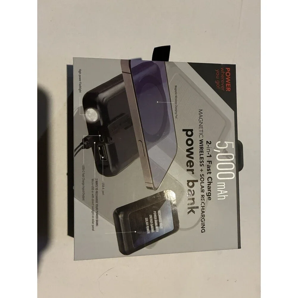 Power Bank, 5, 000mAh, 2 in 1 Fast Charge, Magnetic Wireless + Solar Recharging